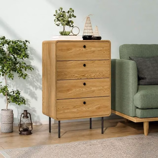 STILVORA Modern 4 Drawer Chest of Drawers in Light Oak Effect with Black Metal Accents – 1