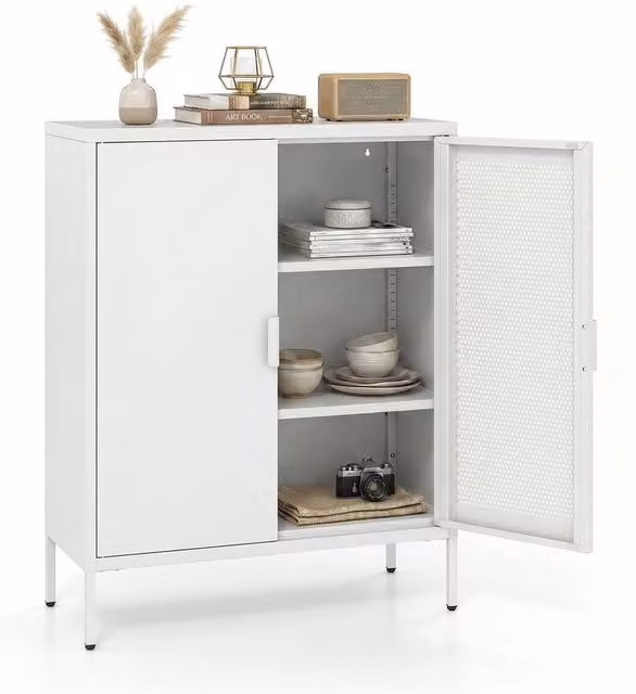 FORGEVIO Metal Storage Cabinet with 2 Adjustable Shelves and Hinged Doors in White – 1