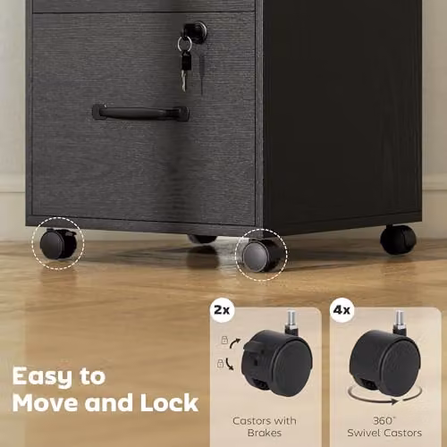 HOMCOM Mobile 3 Drawer Filing Cabinet with Lock and Castors, Black, H 69.5 x W 40 x D 40 cm – 8