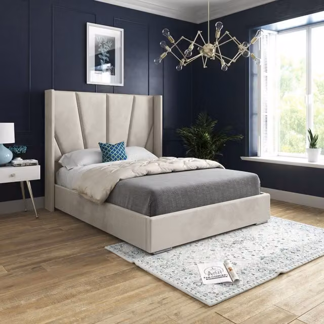 Casani Bellini Super King Upholstered Velvet Bed Frame in Beige, W/D/H: 200 x 137 x 189 cm