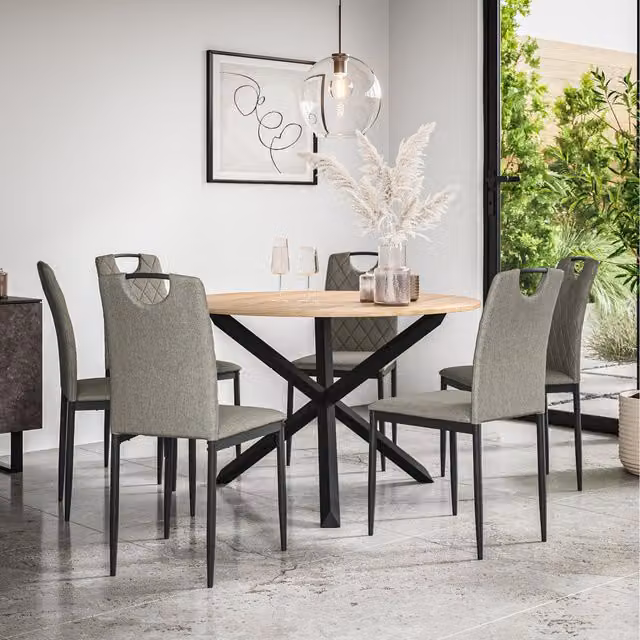 More4Homes Malvern Round Oak Effect Dining Table Set with 6 Grey Monza Linen Chairs and Black Oak Legs