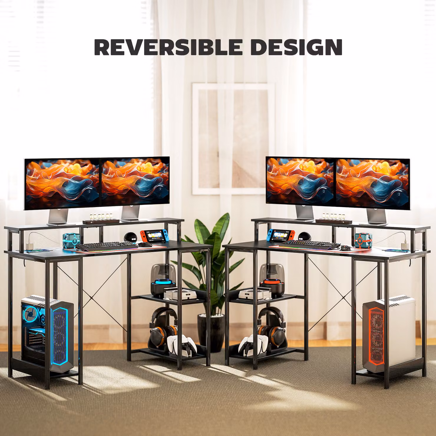 HOMCOM Black Reversible Computer Desk with Monitor Stand and LED Lights, W: 120 cm, D: 50 cm – 6