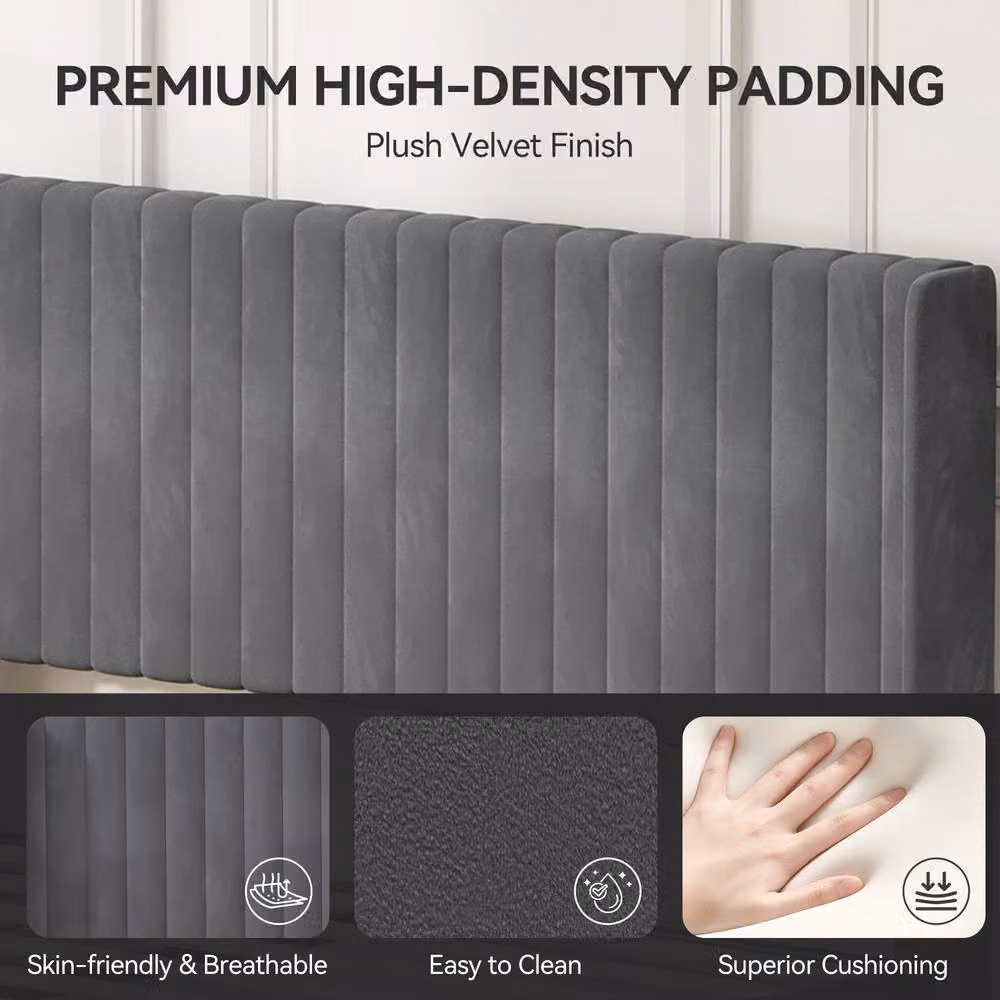 MCC Direct Charlie Velvet Upholstered Single Bed Frame with Channel Headboard in Dark Grey, W/D/H: 90 x 200 cm – 2