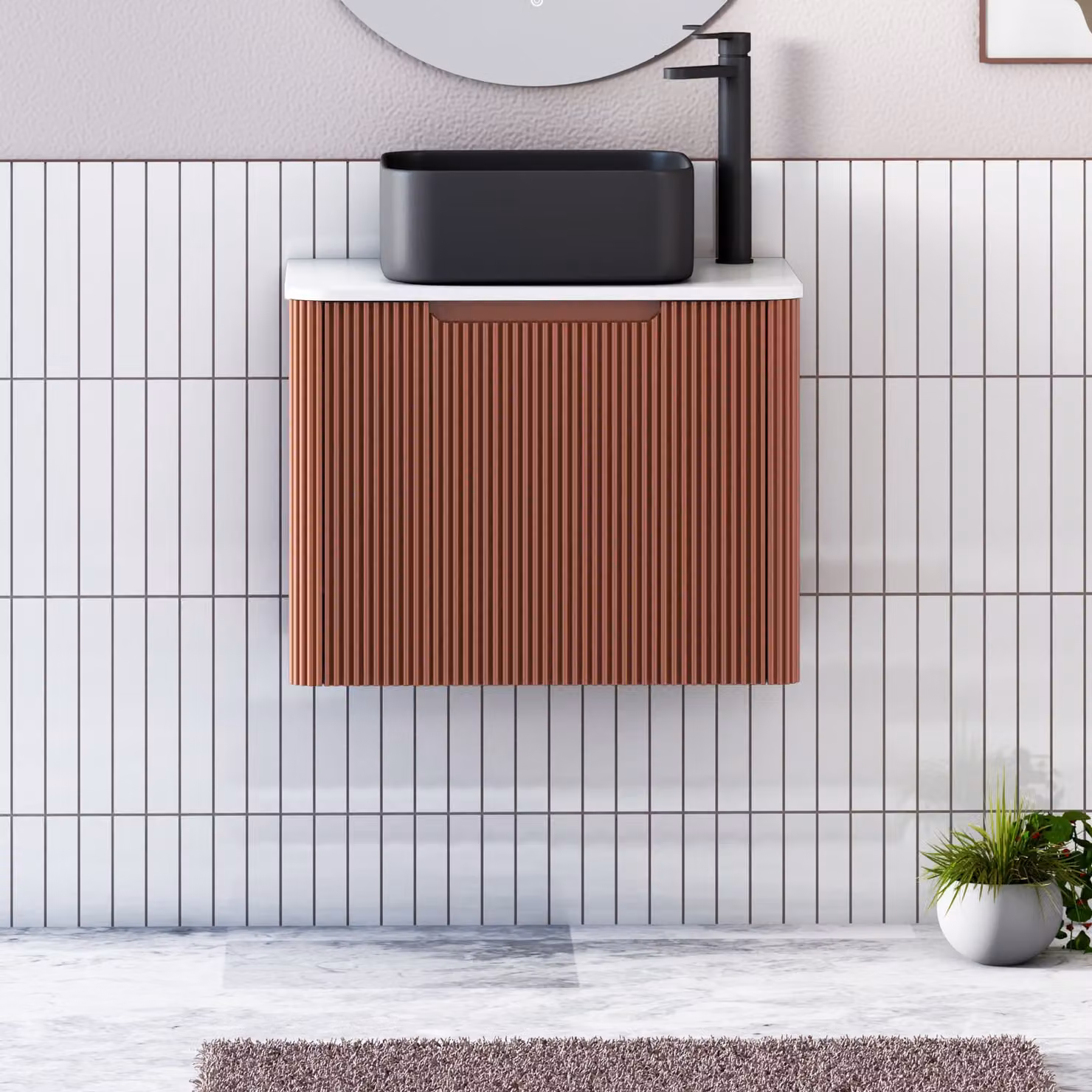 Royal Bathrooms Avenza 600mm Terracotta Clay Wall Hung Vanity Unit with 1 Drawer, Plain White Worktop and Art Square Basin