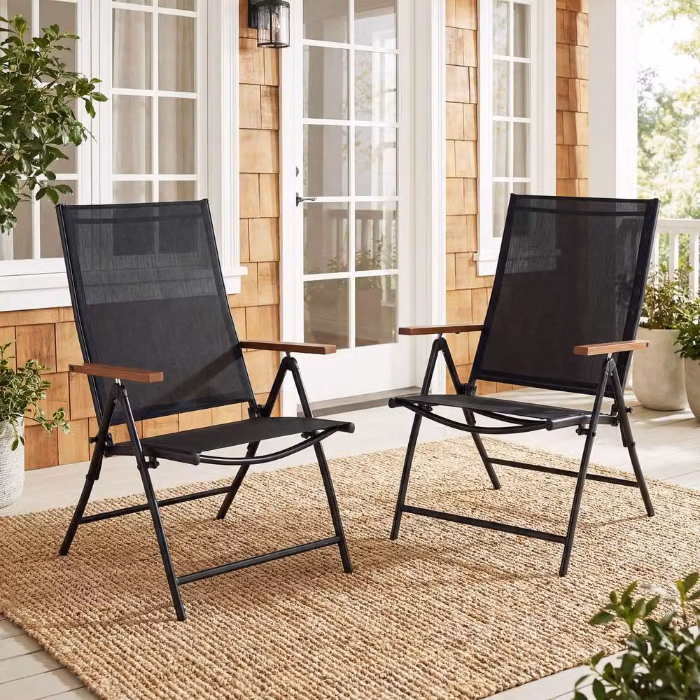 Costway Set of 2 Black Folding Patio Chairs with Breathable Fabric and Metal Frame – 3