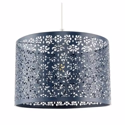 Happy Homewares Moroccan Blue Metal Circular Pendant Light Shade with Floral Decoration, Diameter: 29 cm