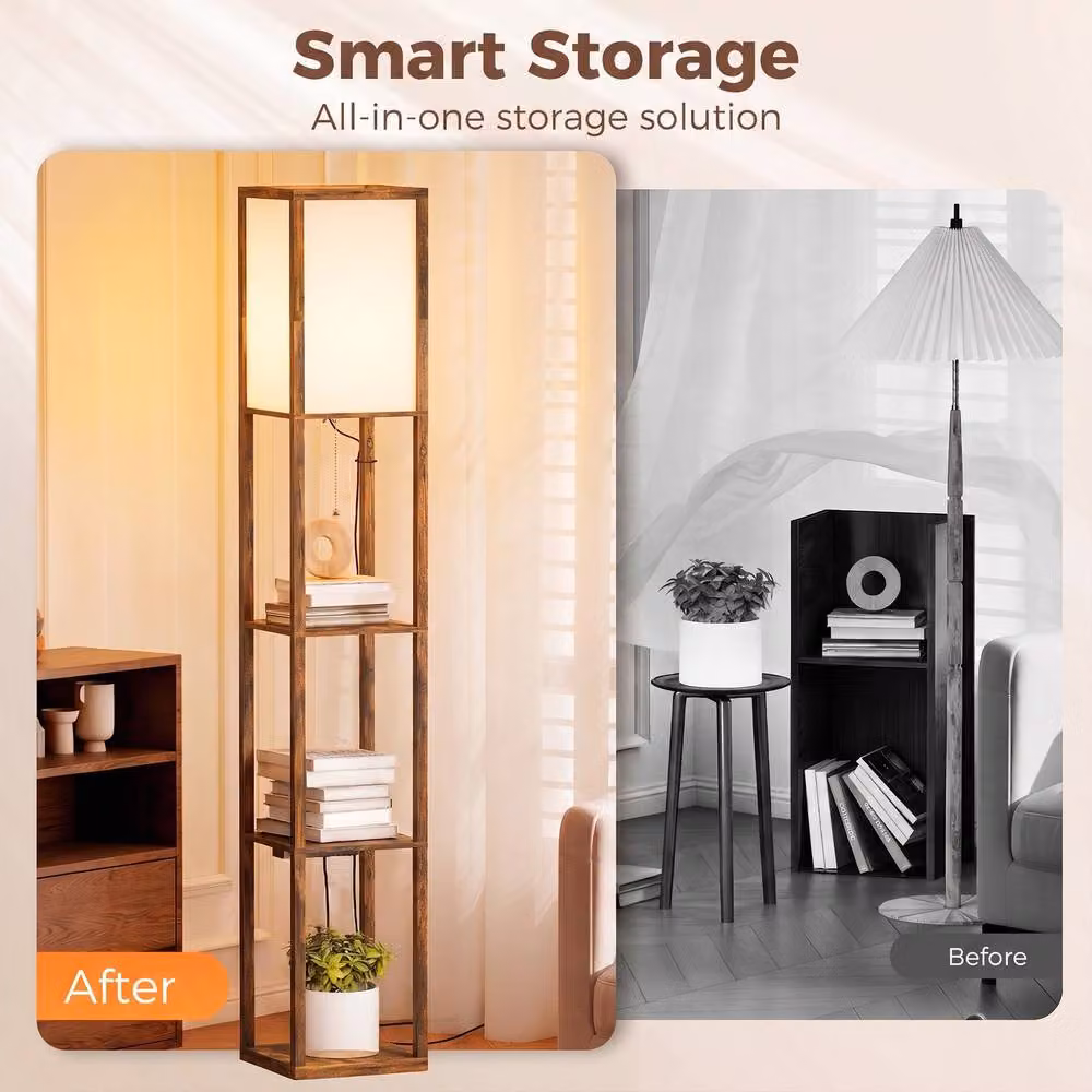 HOMCOM 4-Layer Rustic Brown Column Standing Floor Lamp with USB Ports and E27 Socket – 8