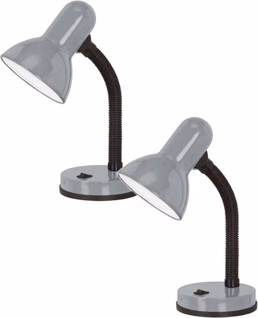 Loops 2 Pack Silver Table Lamps with Flexible Shade and Base, E27 Socket, 1x40W