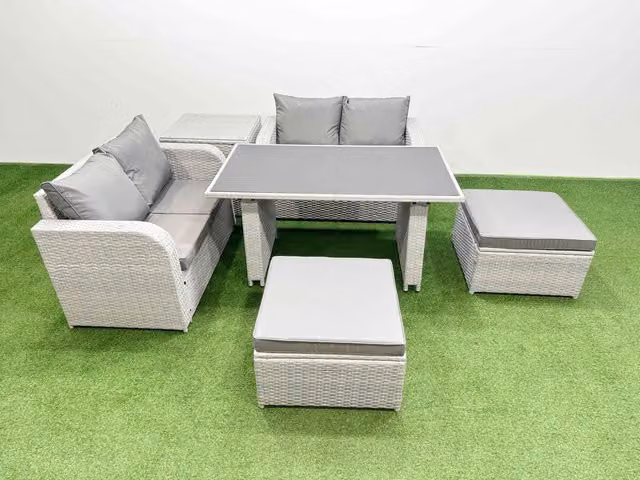 Fimous 6 Piece Outdoor PE Rattan Sofa Set with Cushions and Side Table in Light Grey