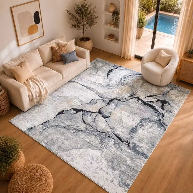 Livabliss Jolie Modern Abstract Marble Rug in Dark Blue, Grey, Brown and Ivory, W: 80 cm, L: 220 cm