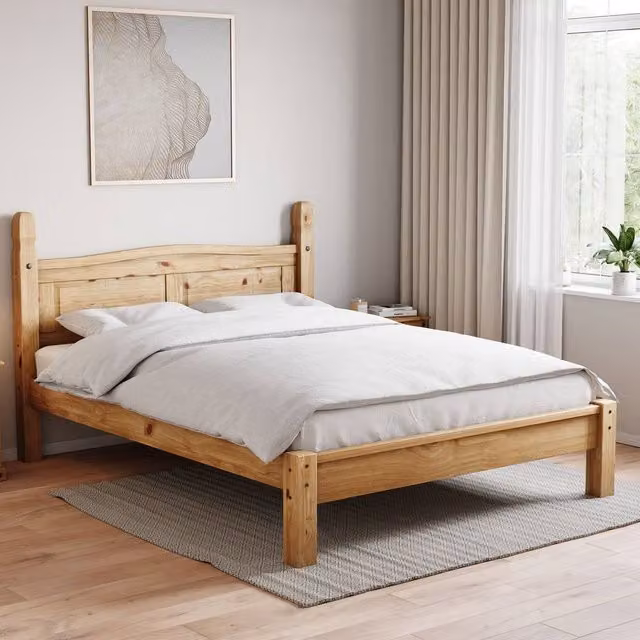 HD Designs Corona Double Bed Frame in Brown Rustic Solid Wood with Low Foot End