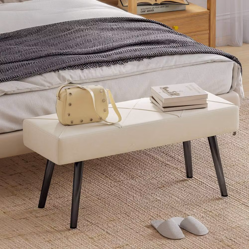 HOMCOM Modern Velvet Upholstered Hallway Bench with X-Shape Metal Legs in Beige – 2