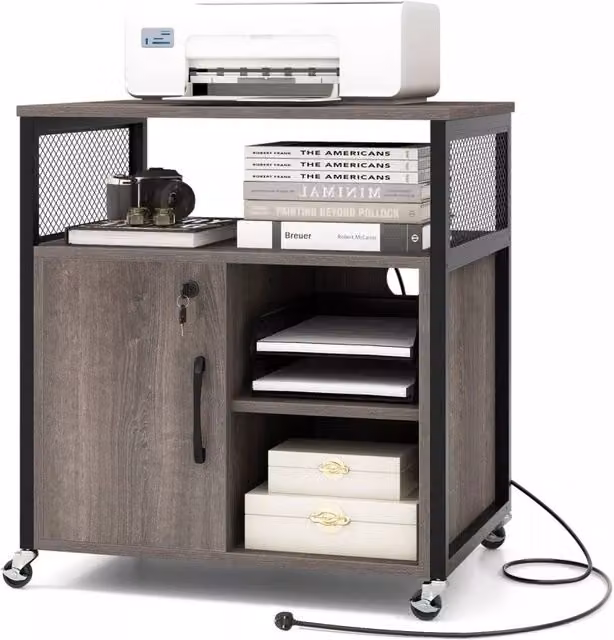 Costway Mobile Lateral Filing Cabinet with Charging Station and Lock, Grey – 1