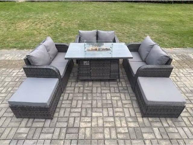 Fimous 8 Seater Rattan Outdoor Garden Set with Gas Fire Pit and 2 Footstools in Dark Grey