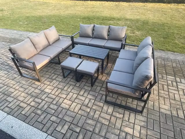 Fimous 11 Seater Outdoor Garden Furniture Set with Powder Coated Aluminium Frame, Oblong Coffee Table, Lounge Sofa and 2 Ottomans in Dark Grey