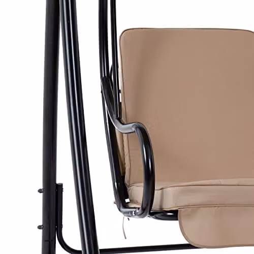 Charles Bentley 3 Seater Outdoor Swing Seat Bench with Sun Canopy and Cushions, Beige and Black, W/D/H: 280 x 119 x 201 cm – 4