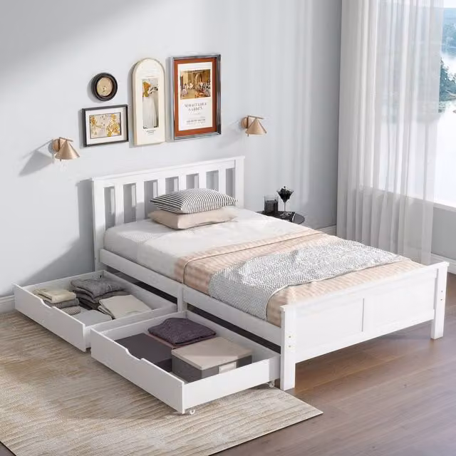 BTM White Solid Pine Wood Bed Frame with Storage Drawers, 140 x 200 cm