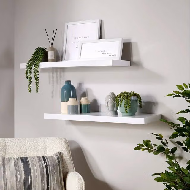 Home Source Cloud Pair of Glossy White Floating Wall Mounted Storage Shelves, Width: 80 cm