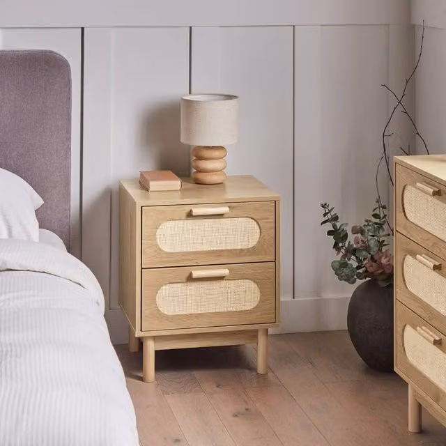 Wyld and Coco Light Brown Bedside Table with Rattan Fronts and 2 Drawers – 1