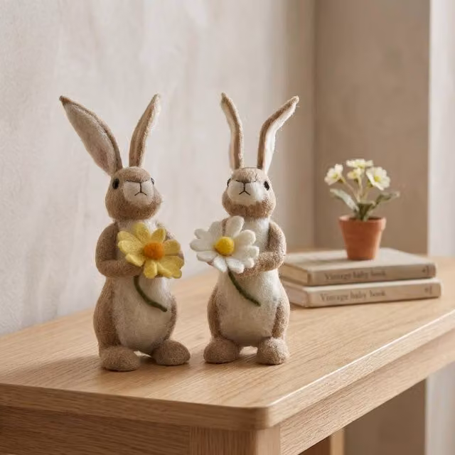 Garden Greatness Springtime Duo Floral Felt Rabbit Tabletop Decor in Yellow, Brown and Multicolour