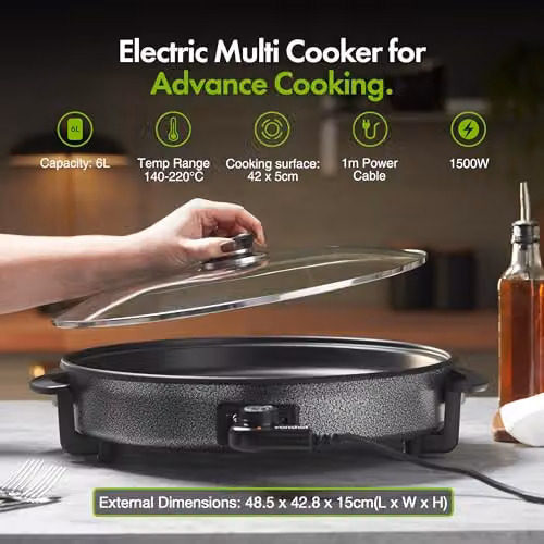 VonShef 6L Electric Frying Pan with Glass Lid, Black, 42cm Diameter, 1500W – 2