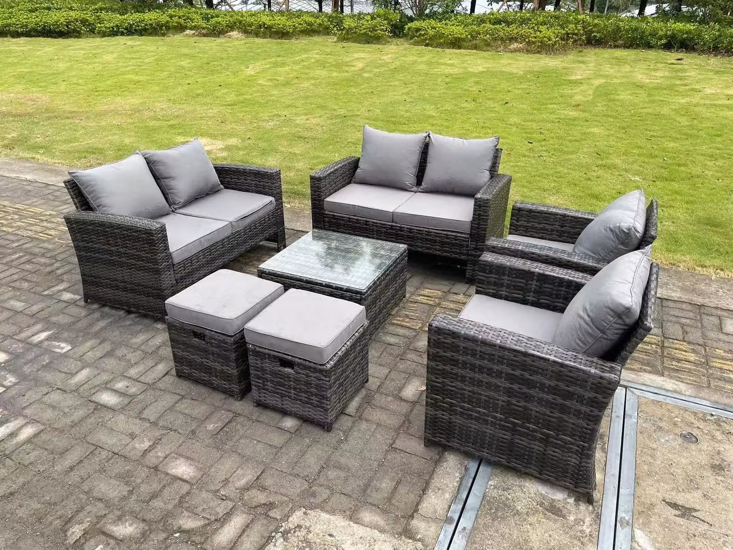 Fimous 8 Seater Rattan Garden Furniture Set in Grey with Upholstered Cushions, 2 Seater Sofa, Armchairs, Coffee Table and Ottomans – 2