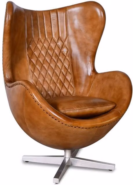 Elm Home And Garden Brown and Tan Genuine Leather Swivel Egg Aviator Wing Accent Arm Chair with Metal Frame