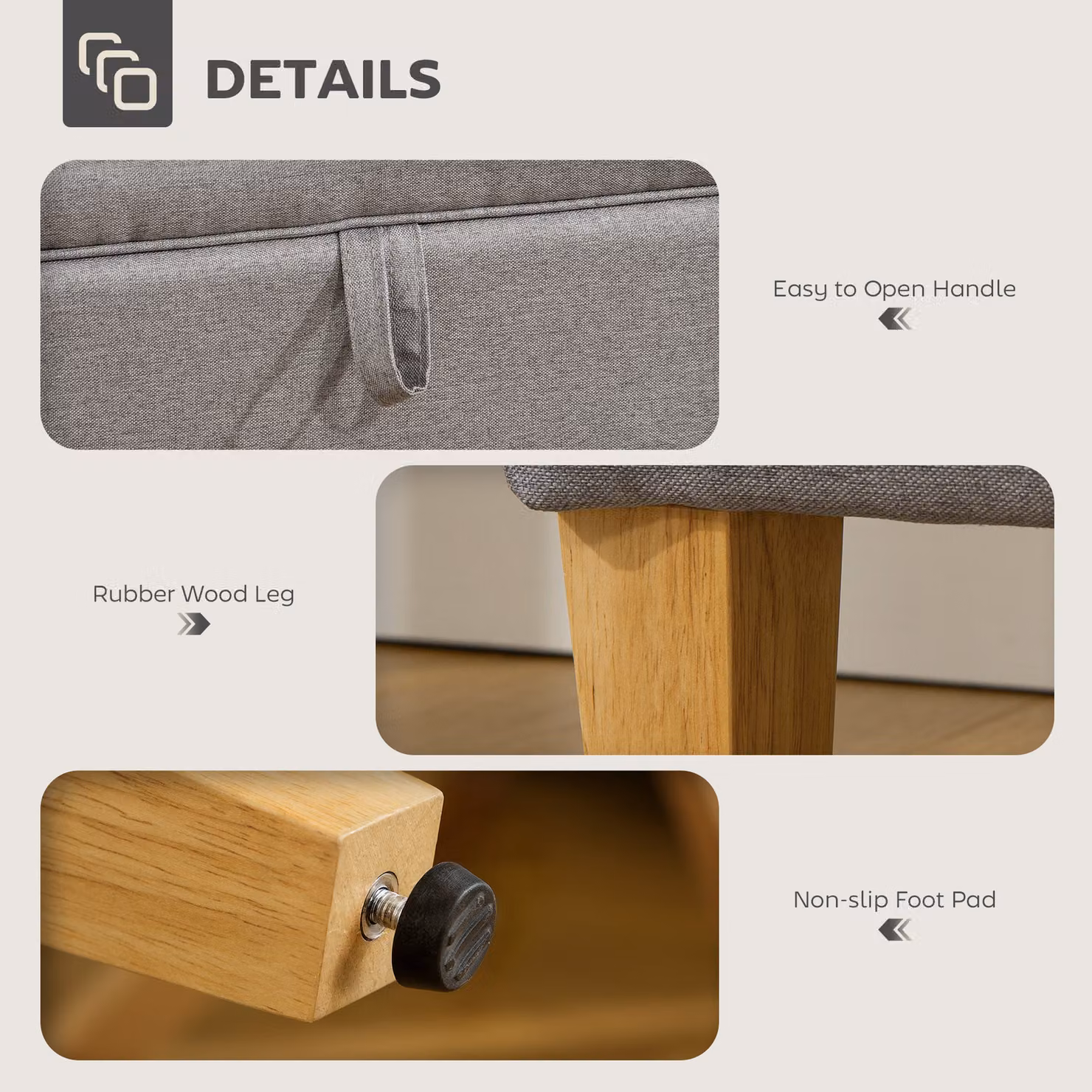 HOMCOM 16L Linen Storage Ottoman in Light Grey with Rubberwood Legs, W: 120.0 cm, D: 36.0 cm, H: 33.0 cm – 4