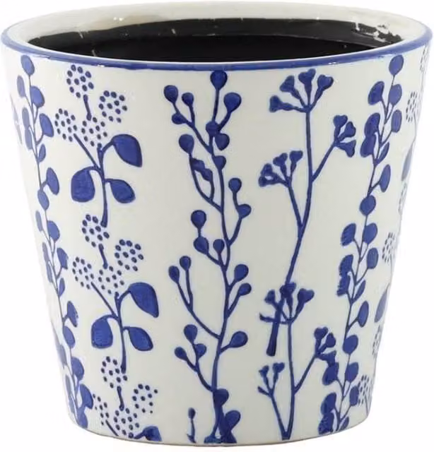 KDMD Hortus Perth Floral Ceramic Tabletop Pot in White and Blue, H: 19 cm, Dia: 20 cm