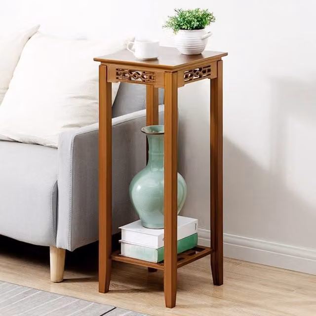 ExtraStar 2-Tier Bamboo Plant Stand in Brown, Oriental Style Carved Tall Flower Stand – 1