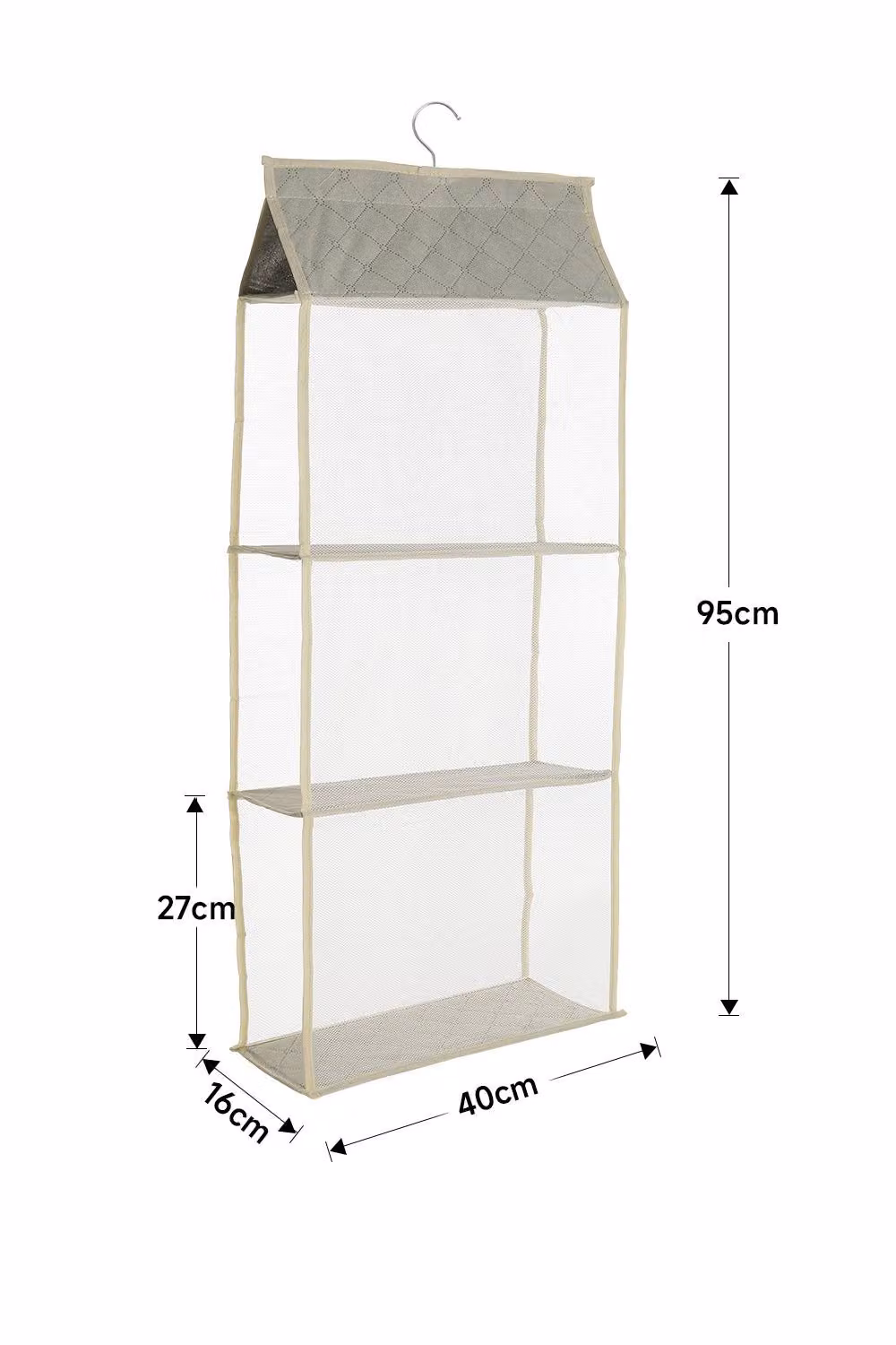ExtraStar Space-Saving Hanging Bag Organiser with 3 Mesh Fabric Compartments in Beige – 3