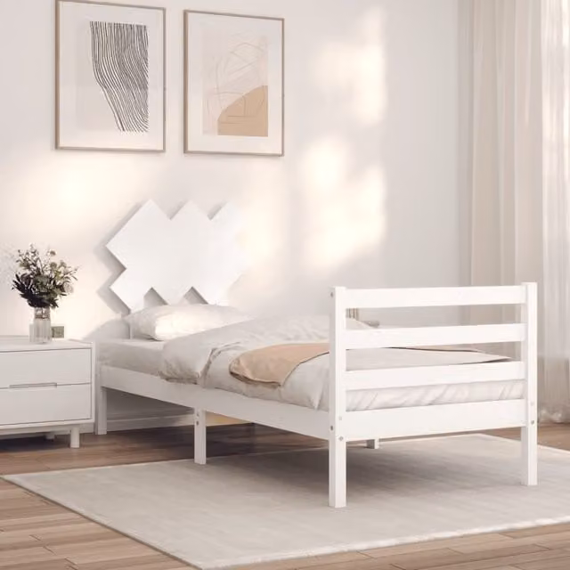 Berkfield Home Solid Wood Bed Frame with Headboard in White, W/D/H: 90 x 200 cm