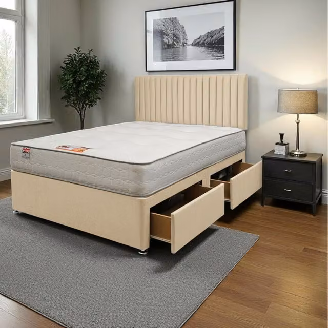 Knight Sleep Modern Upholstered Hybrid Bed Frame and Headboard with Drawers in Beige and Grey, W/D/H: 140 x 200 cm