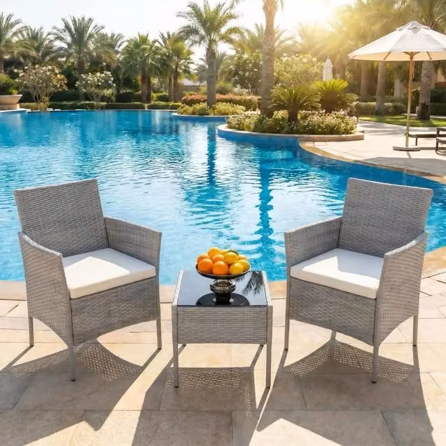 Alivio Modern Grey Polyrattan Bistro Set with 2 Lounge Armchairs, Coffee Table and Removable Weather-Resistant Cushions – 2