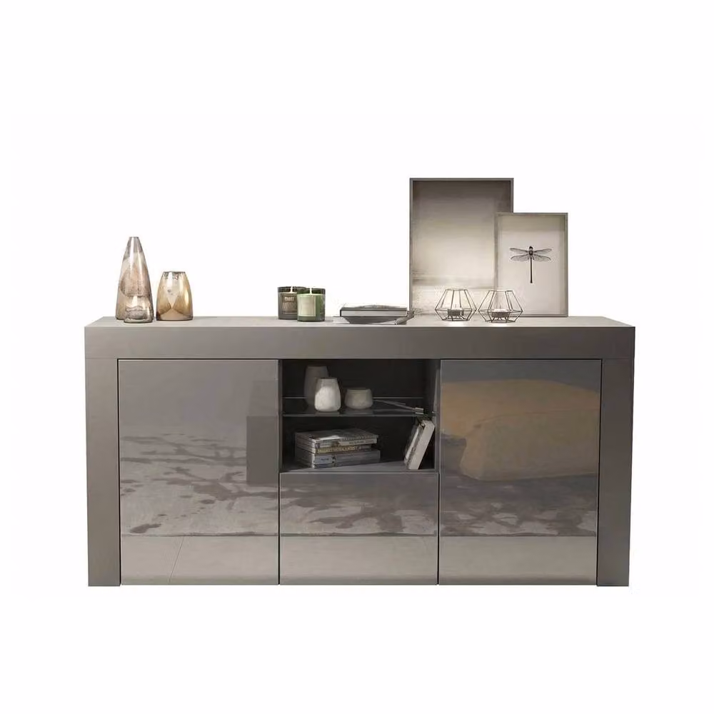 FORGEVIO Modern Grey TV Unit and Sideboard Storage Cabinet with Glass Details – 2
