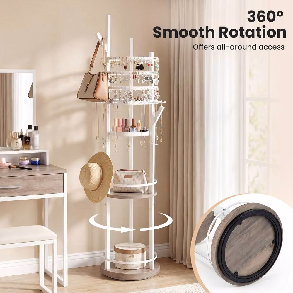 Costway Rotating Jewelry Display Tower with Earring and Necklace Holder in White and Multicolour – 3