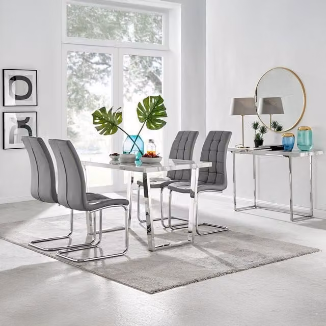 FurnitureboxUK Kylo White Marble Effect Dining Table and 4 Murano Chairs in Grey, White and Silver