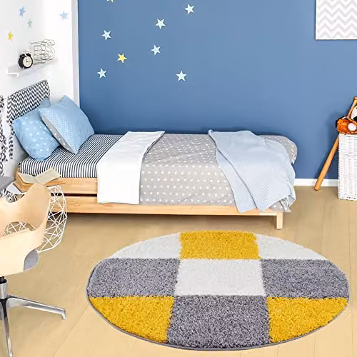 THE RUGS Modern Checked Shaggy Round Area Rug, Yellow and Grey, Diameter: 120 cm – 1