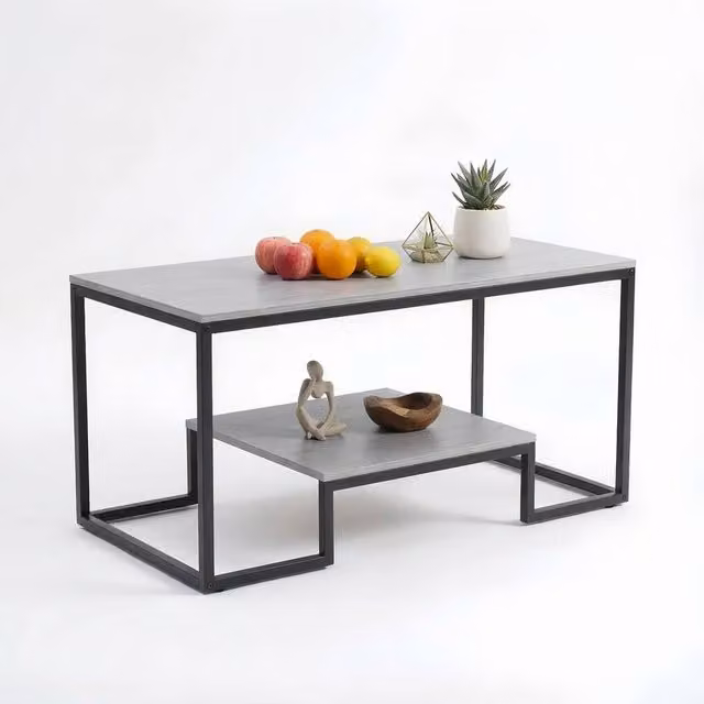 Alivio Industrial 2-Tier Rectangular Coffee Table with Wood Top and Metal Frame in Grey and Black, W/D/H: 100 x 50 x 48 cm