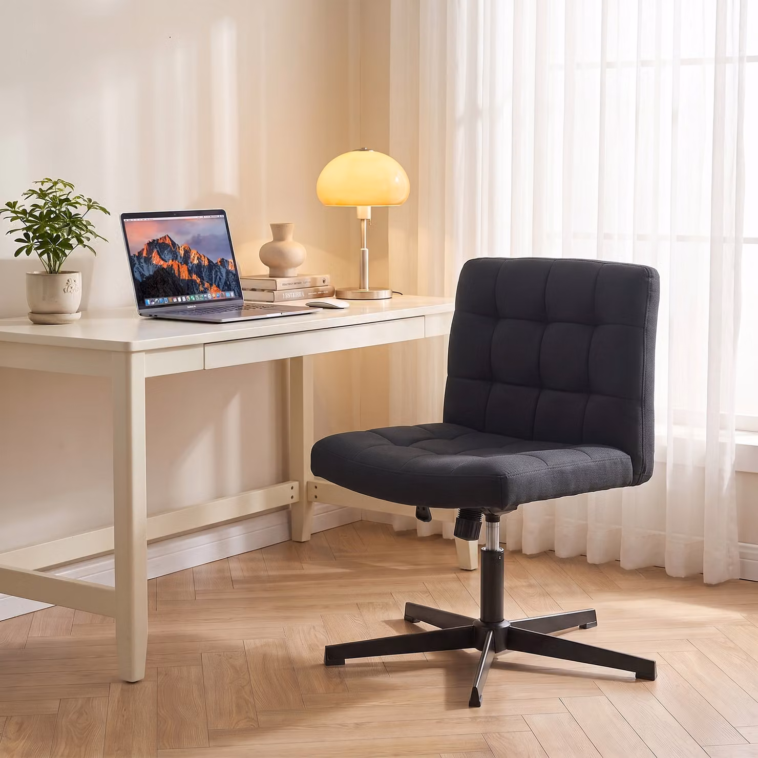 HOMCOM Armless Black Linen Office Chair with Rocking Function and Wide Seat – 8