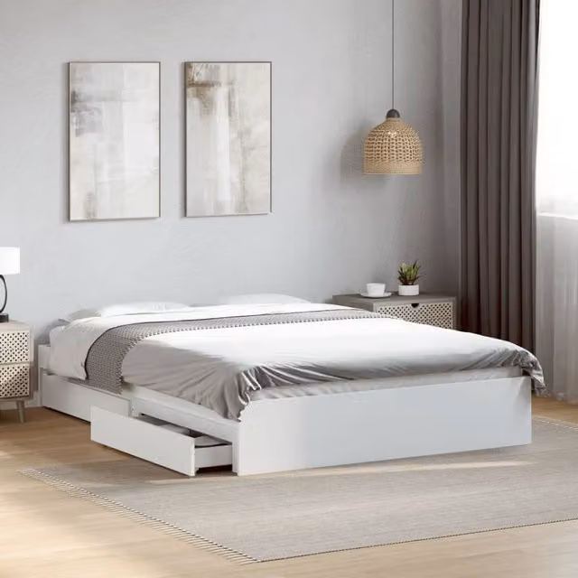 Berkfield Home Modern Bed Frame with Drawers in White, W/D/H: 140 x 190 cm