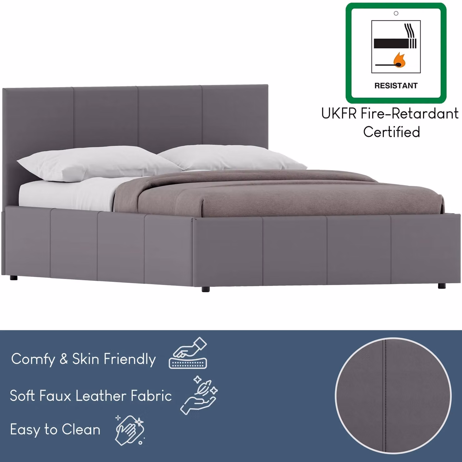 Vida Designs Lisbon Double Ottoman Bed Frame in Grey Upholstered Fabric with Lift Up Base – 5