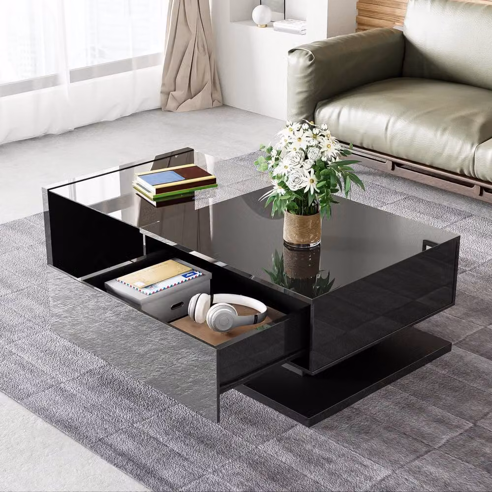 BTM Modern High Gloss Rectangular Coffee Table with Glass and LED in Black and White, W/D/H: 55 x 32.5 x 30 cm – 5