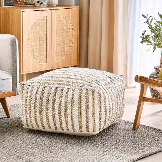 Wyld Haus Square Pouffe in Beige Jute and Cotton with Abstract Stripe, W/D/H: 60 x 60 x 30 cm – 1