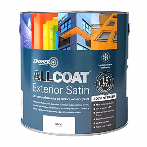 Zinsser Allcoat Exterior Solvent Based Satin Gloss Paint, White, 2.5 l