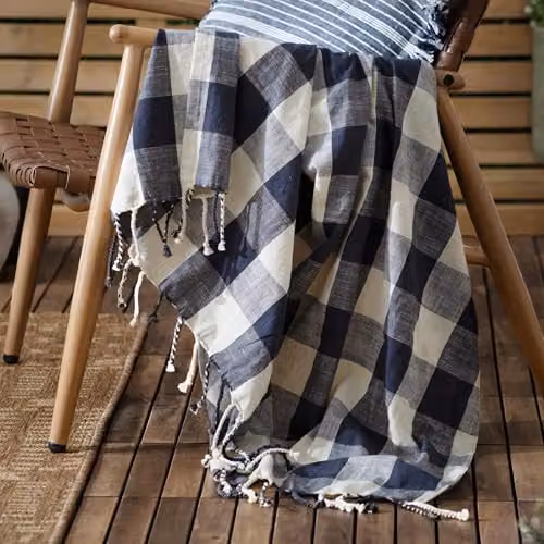 Yard Chesil Check Tasselled Cotton Throw in Blue, W: 130 cm, L: 170 cm – 2