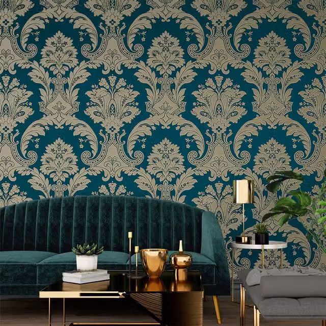 Belgravia Decor Amara Damask Floral Vinyl Wallpaper in Green and Gold