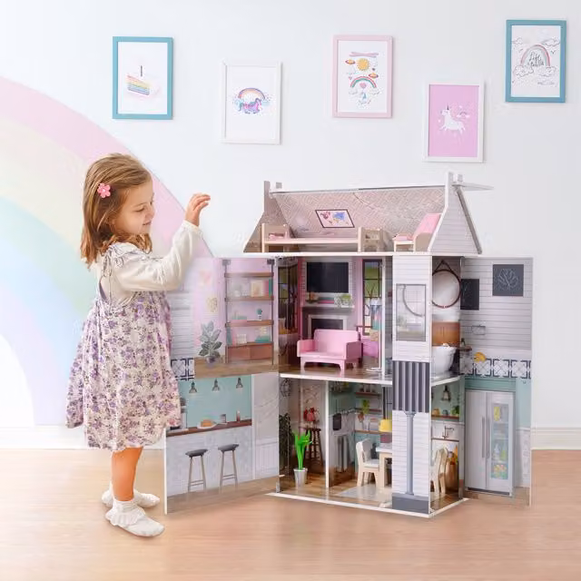 Olivia's Little World 3-Story Farmhouse Wooden Dollhouse for 12 inch Dolls, Multi Colour