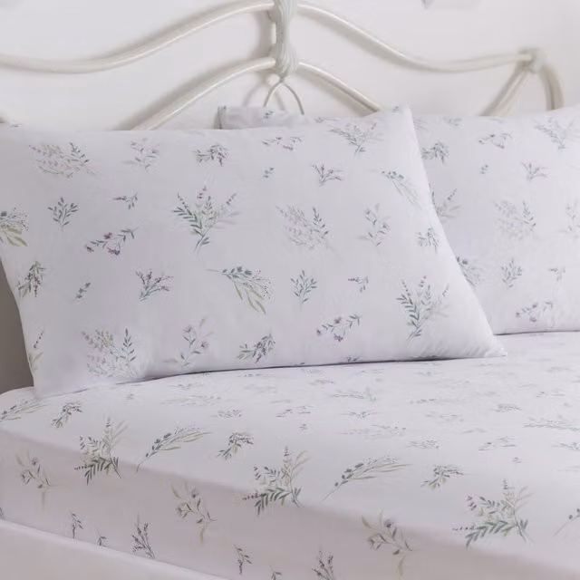 Terrys Chloe Floral Fitted Sheet and Pillowcase Set, Purple and White Cotton Blend