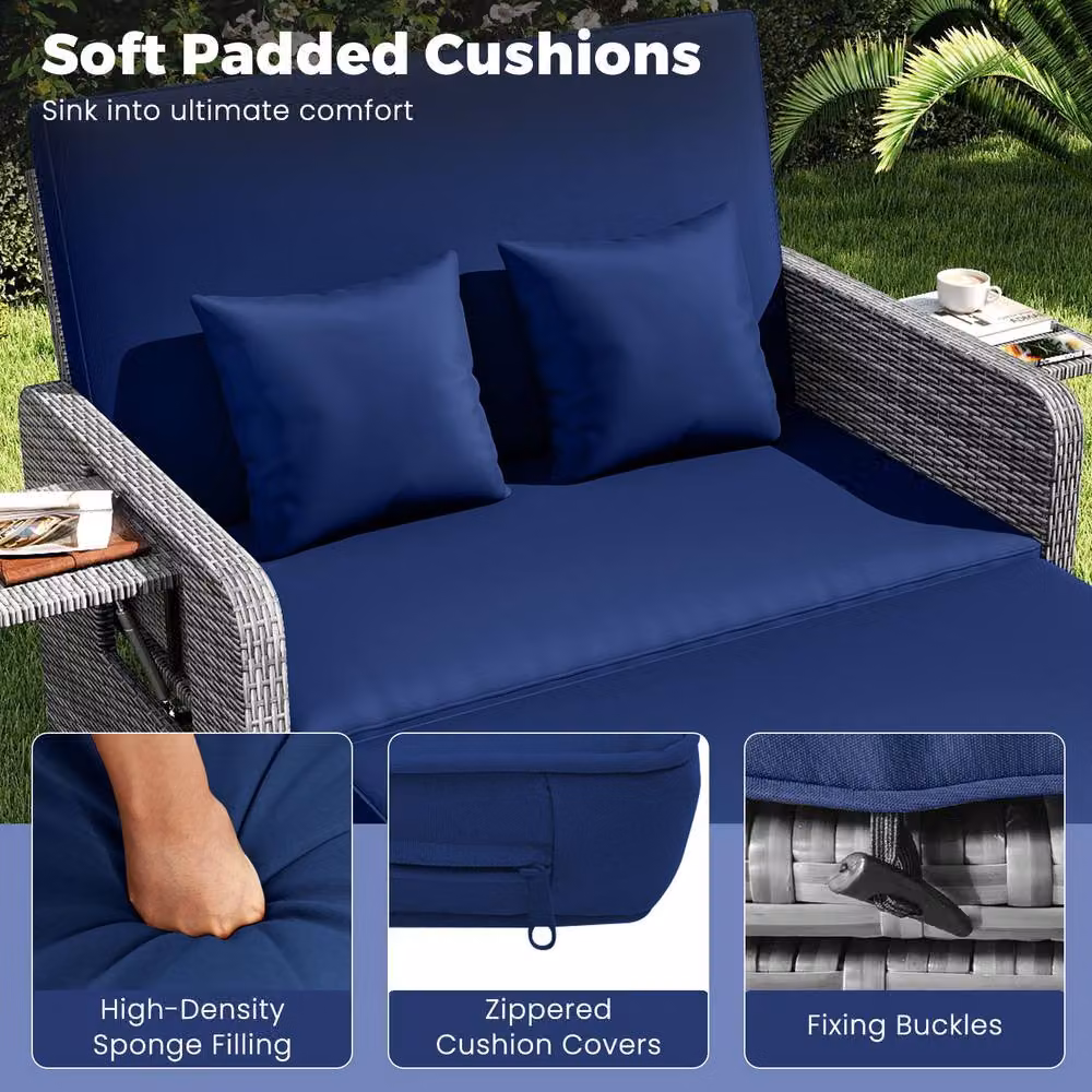 Costway 2-Piece Navy Blue PE Wicker Daybed and Patio Rattan Furniture Set with 4-Level Backrest – 7